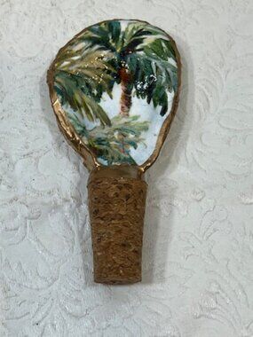 Handcrafted Decoupage Real Oyster Shell Bottle Stopper Tropical Palm Tree Design